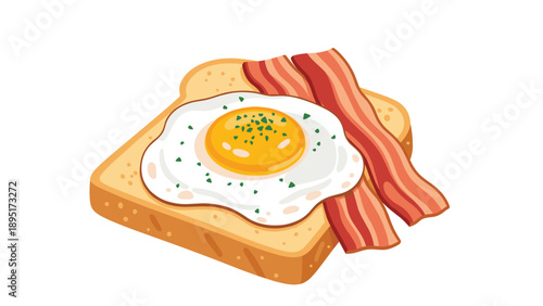 Delicious breakfast illustration featuring a slice of toasted bread topped with a perfectly fried sunny side up egg and two strips of bacon.