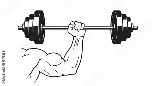 Strong muscular human arm lifting a heavy iron barbell in a black and white line art style representing fitness strength and weightlifting.