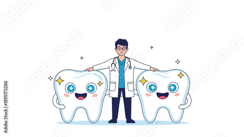 Friendly male dentist in a white lab coat standing proudly between two large sparkling cartoon teeth characters with happy facial expressions.