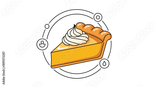 Slice of sweet pumpkin pie topped with a swirl of whipped cream surrounded by decorative circular icons for a Thanksgiving food theme.