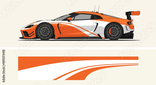 Dynamic orange race car with bold streamline design and graphic swoosh illustration.