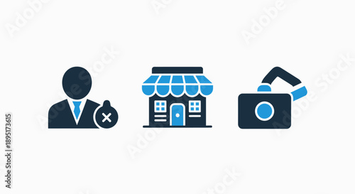 Business and Security Icons: Rejected User, Storefront, and Surveillance Camera Symbols in Blue Flat Design