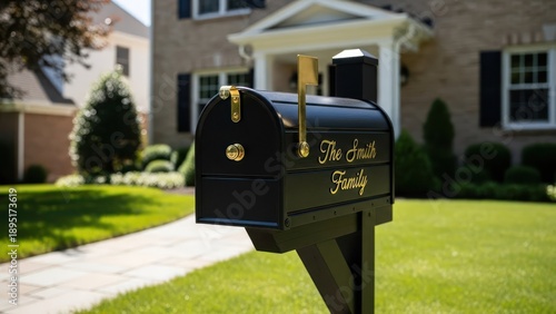 Black curbside mailbox with gold lettering in front of a house, sunny day, with walkway