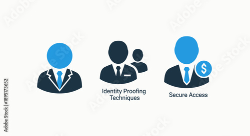 Identity, Security, and Finance Icons: Proofing Techniques, Secure Access, and Business Authentication in Blue Flat Design