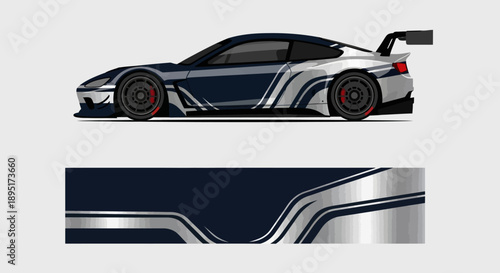 High-performance racing car with blue white striped livery in profile view.