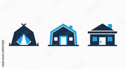 Diverse Housing and Shelter Icons: Tent, Modern Home, and Traditional Residential Buildings in Blue Flat Design