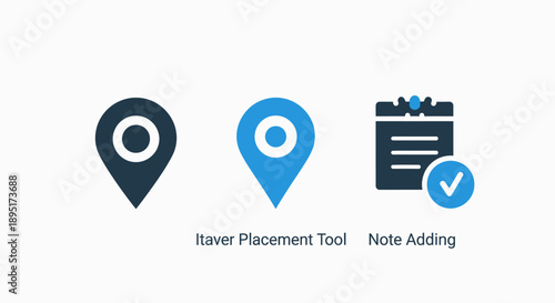 Modern GPS Location Pin and Note Adding Icon Set for Map, Navigation, and Task Management Applications