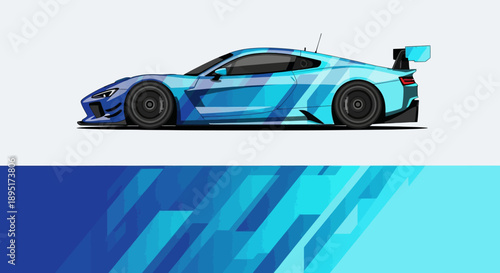 Blue sports car illustration featuring a sleek aerodynamic racecar with futuristic lines and dynamic motion.