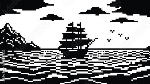 Pixel Art 1-Bit Sailing Ship Boat Ocean Landscape Background