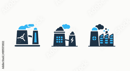 Industrial Factory and Power Plant Icons Representing Energy Production, Manufacturing, and Environmental Impact