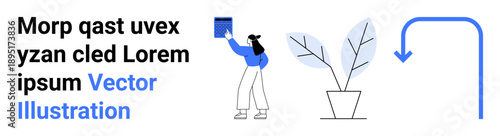 Environmental awareness, sustainability, nature interaction, personal development, education, and guidance. Woman placing a box, potted plant and an arrow. Environmental awareness