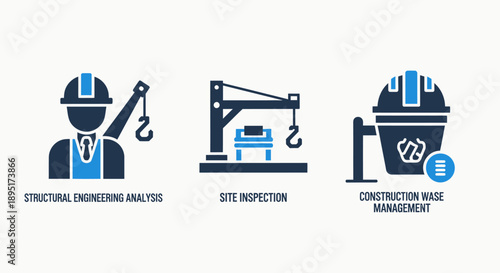 Construction Engineering and Waste Management Icons for Building Projects and Site Safety