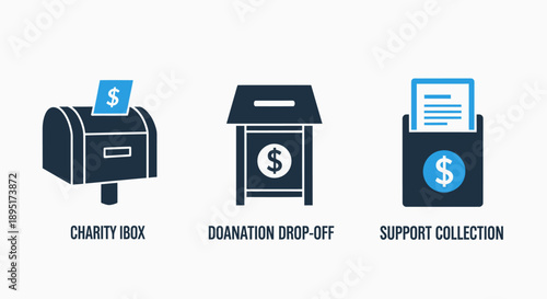 Charity Fundraising, Donation Collection, and Support Services Icons for Philanthropy and Community Giving