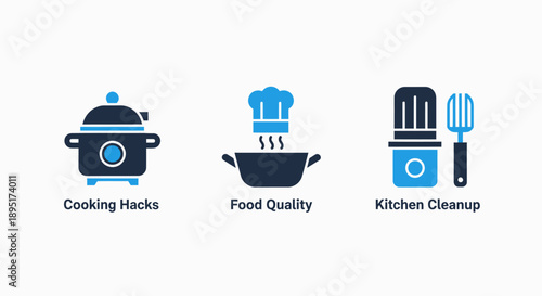 Cooking Hacks, Food Quality, and Kitchen Cleanup Icons for Culinary Efficiency and Home Management