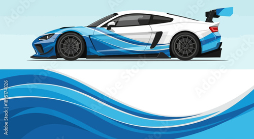 Blue Sports Car in Dynamic Profile with Wave Motif.