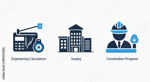 Comprehensive Engineering Calculations, Building Survey, and Construction Progress Tracking Blue and Dark Icons Set