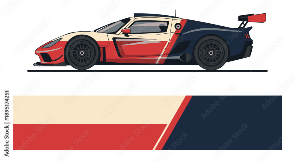 Fototapeta premium Stylized red and blue race car illustration with dynamic racing stripes and design elements.