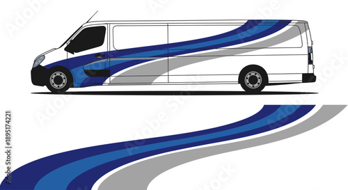 Sleek white minivan with bold blue wave graphics and modern branding along the side.