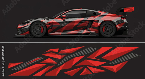 Red and black racing car with geometric abstract design and bold futuristic styling.