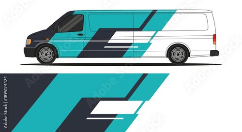 Stylized teal and blue van with geometric stripes in dynamic graphic illustration.