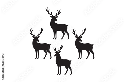 A minimalist depiction of four majestic deer silhouettes against a stark white background