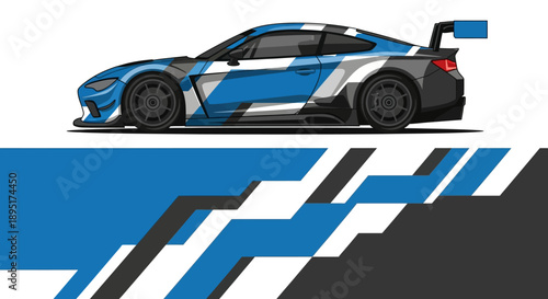 Blue and white race car illustration with dynamic speed and stylized track design.