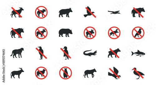 Collection of animal silhouettes with prohibition symbols overlaid on a white background viewed from directly above