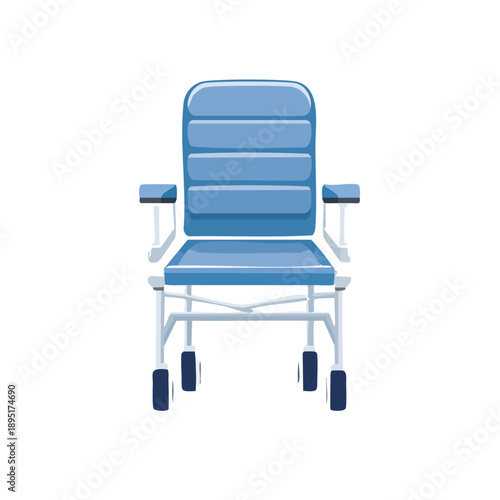 Medical illustration of a blue hospital shower chair with wheels on a transparent background