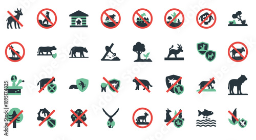 Collection of prohibition icons depicting various animals and activities