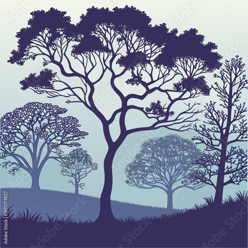 Vector illustration of a set of bare and leafy trees in various seasonal styles from winter silhouettes to green summer branches for nature landscape design