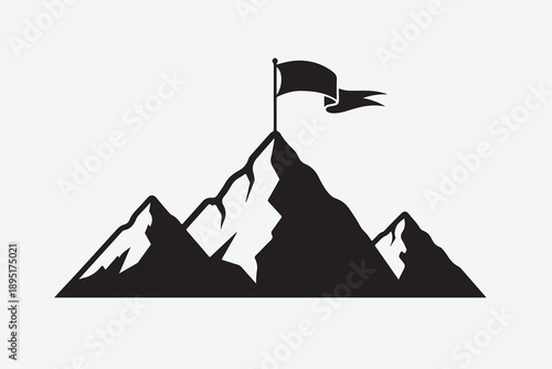 Mountain peak with flag silhouette for success and achievement