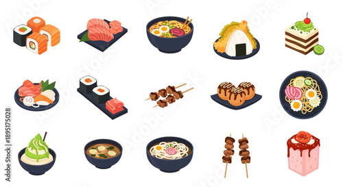 Assorted Japanese cuisine illustrations featuring sushi, sashimi, and desserts on plates and skewers from a top-down view