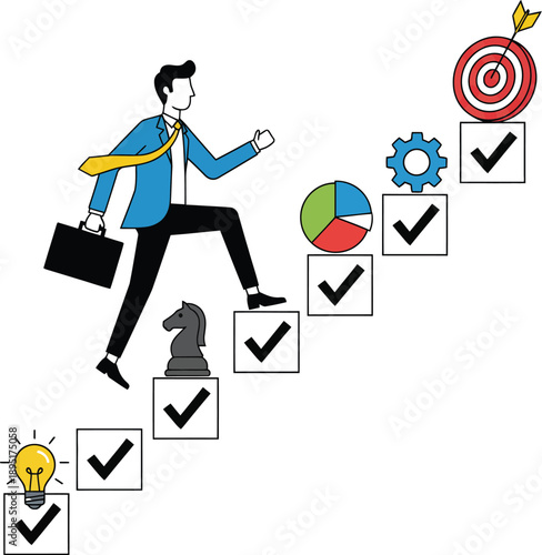 Climbing to Success: A determined figure strides purposefully up a set of stairs marked with achievement icons, symbolizing the journey towards realizing professional and business targets.