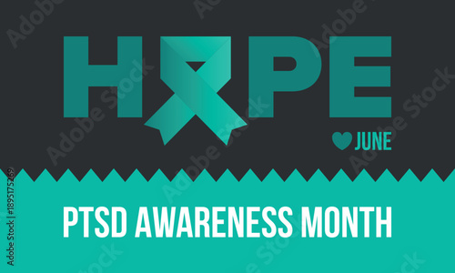 PTSD Awareness Month in June. Post Traumatic Stress Disorder. Celebrated annual in United States. Medical health care and awareness design. Poster, card, banner and background. Vector illustration