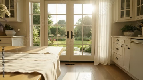 Bright Modern Farmhouse Kitchen With Garden View Sunlight Drenching Wooden Table And White Cabinets