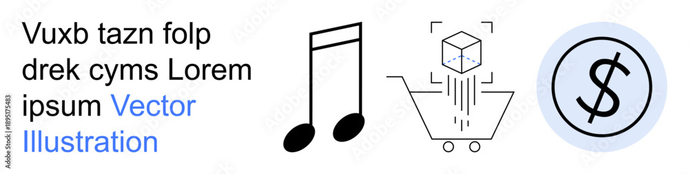 Obraz premium E-commerce, music industry, digital payments, financial transactions, online shopping, innovative design. Musical note, cube in cart dollar symbol. E-commerce and music industry concept