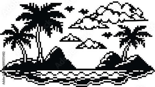 Pixel Art 1-Bit Tropical Beach Island Nature Landscape Background