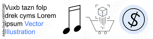 E-commerce, music industry, digital payments, financial transactions, online shopping, innovative design. Musical note, cube in cart dollar symbol. E-commerce and music industry concept