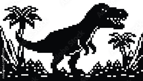 Pixel Art 1-Bit Tyrannosaurus Rex Dinosaur Jungle Scene