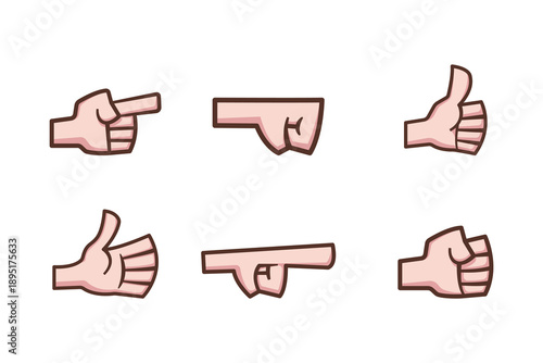 Vector illustrations of six cartoon hand gestures featuring pointing, gun-shaping fingers, and thumbs up for communication and expression.