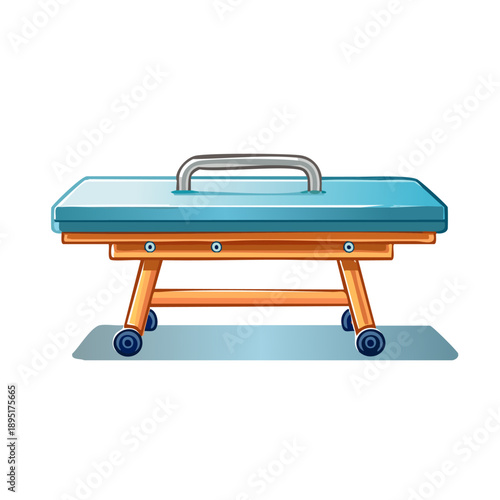 Hospital trolley on casters with a blue mattress and metal handle in a medical setting illustration