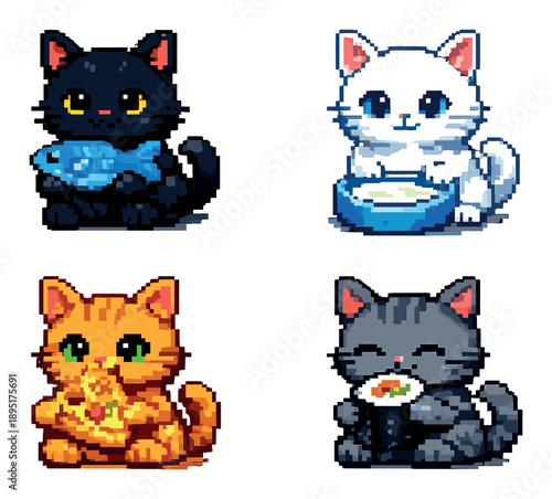 Cute pixel art cats with food items in various colors and patterns