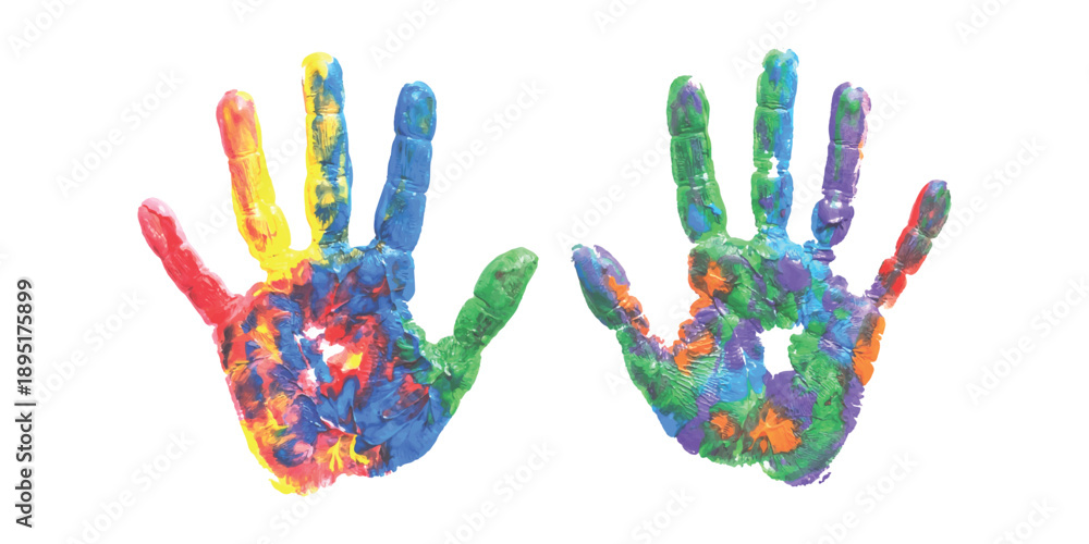 Fototapeta premium Colorful handprint art with vibrant rainbow colors for children's creativity and education projects