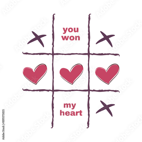 You Won My Heart Illustration – Tic Tac Toe Love Game with Hearts, Romantic Valentine’s Day Relationship Design, Valentines Trendy Hearts png, February 14 png, Valentine's Day Shirt Design PNG.