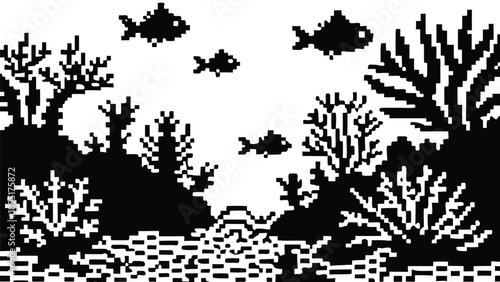 Pixel Art 1-Bit Underwater Coral Reef Ocean Background