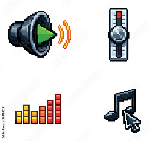 Pixel art audio controls: speaker, volume slider, equalizer, music note icon