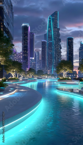 Modern utopian world at night with clean futuristic light and dark blue city atmosphere