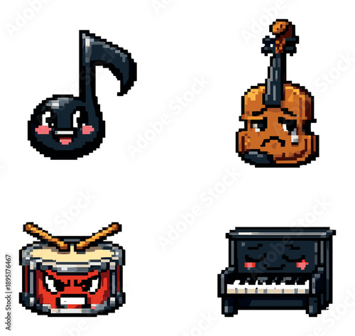 Pixel art musical instruments: happy note, sad violin, angry drum, content piano