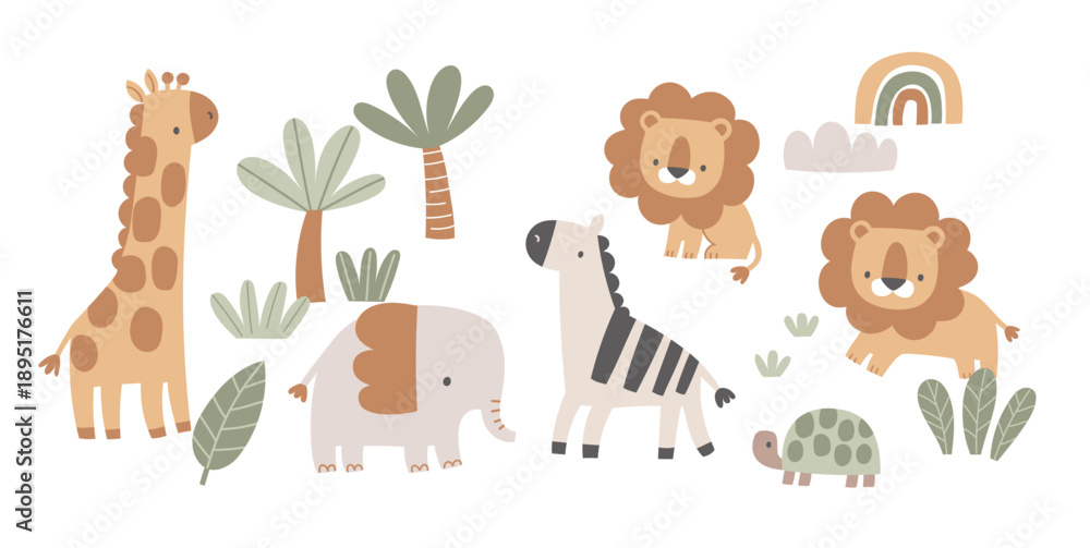 Naklejka premium Cute Safari Animal Characters with palm trees and plants, Collection for Nursery and Kids Design, Minimal Scandinavian Style Vector Illustration