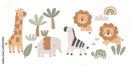 Cute Safari Animal Characters with palm trees and plants, Collection for Nursery and Kids Design, Minimal Scandinavian Style Vector Illustration
